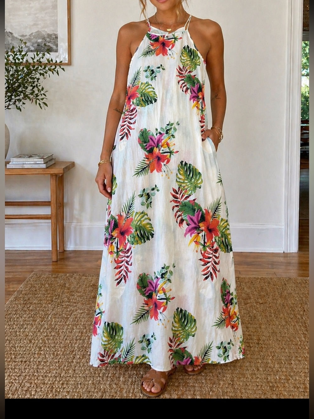 Long all linen Hawaiian floral print swim coverup or dress, medium Lungo L’Arno - Picture 1 of 6